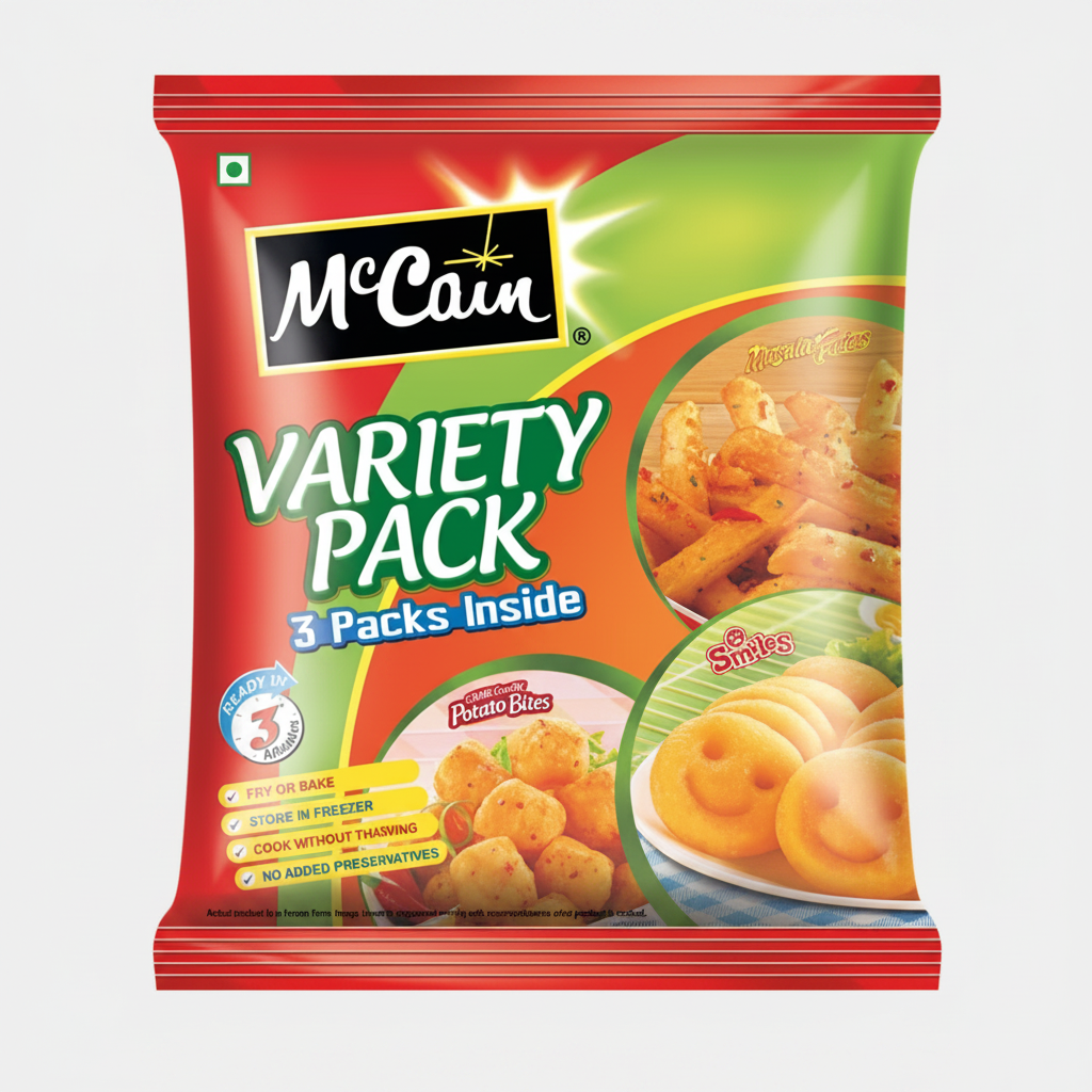 McCain Variety Pack (Chilli Garlic Potato Bites, Smiles and Masala Fries) 550g
